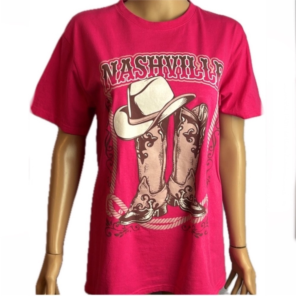 NEW Nashville Western cowboy boots hat Hot Pink graphic t-shirt -NEW 100% cotton